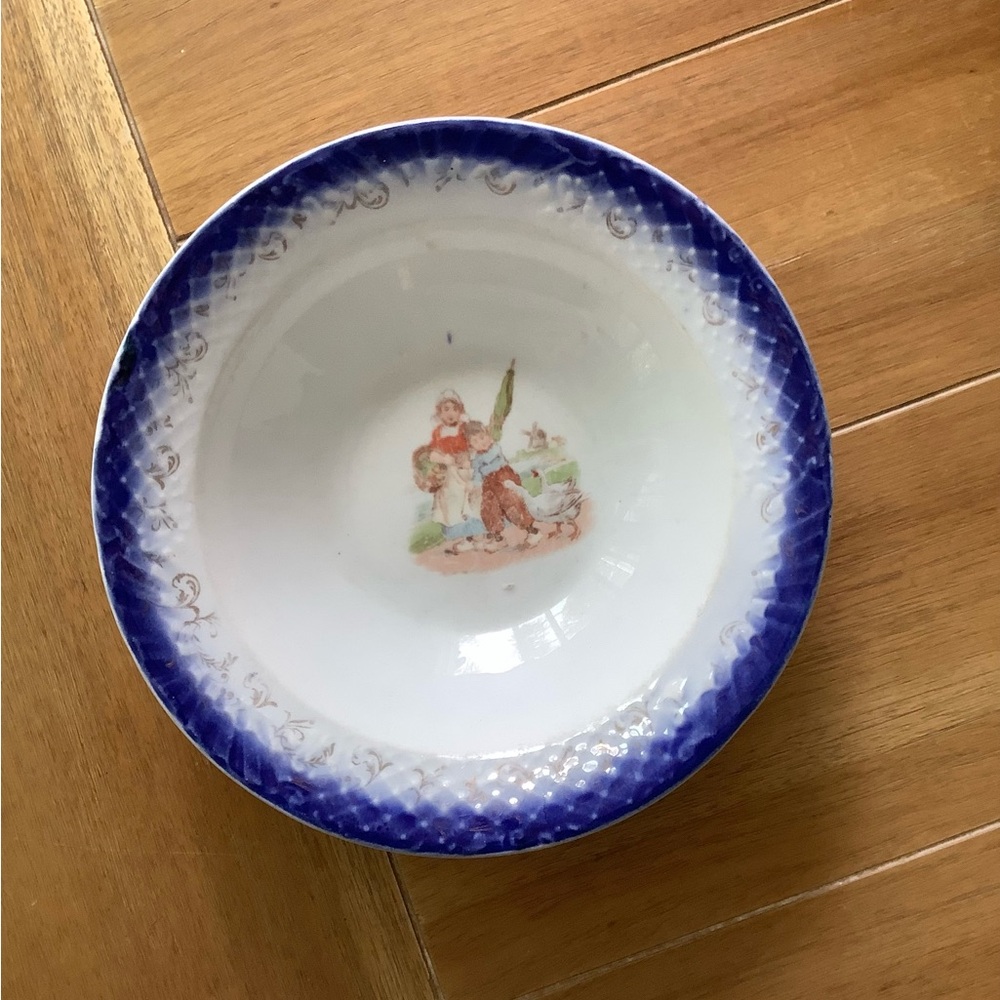 Limoges Flow Blue Vintage Serving Dish Children Geese Windmill Bowl
